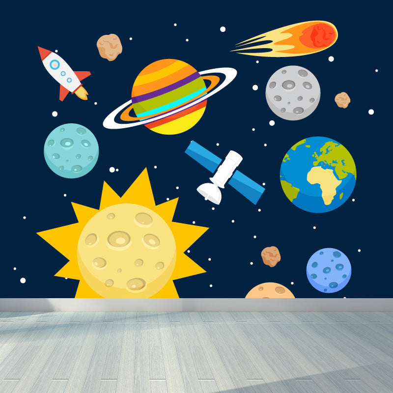 Astronomy Outer Space Mural Decal Kids Style Non-Woven Fabric Wall Decor in Dark Color Blue Clearhalo 'Wall Decor' 'Wall Mural' 1896783