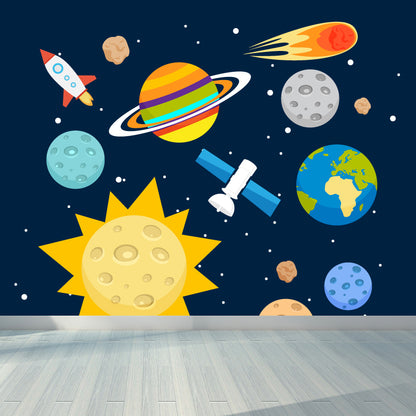 Astronomy Outer Space Mural Decal Kids Style Non-Woven Fabric Wall Decor in Dark Color Blue Clearhalo 'Wall Decor' 'Wall Mural' 1896783