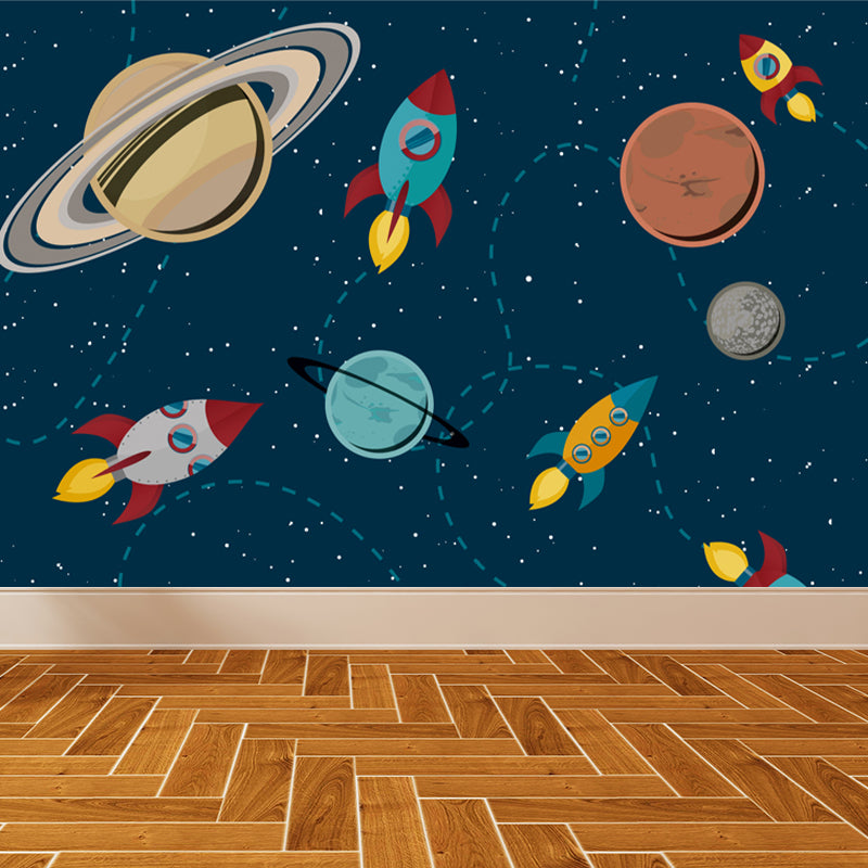 Astronomy Outer Space Mural Decal Kids Style Non-Woven Fabric Wall Decor in Dark Color Dark Blue Clearhalo 'Wall Decor' 'Wall Mural' 1896803
