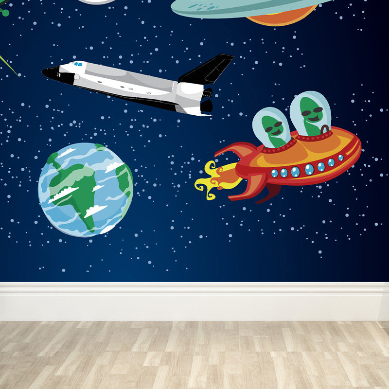 Dark Color Spacecraft Mural Wallpaper Universe Kids Moisture Resistant Wall Covering Clearhalo 'Wall Decor' 'Wall Mural' 1896810