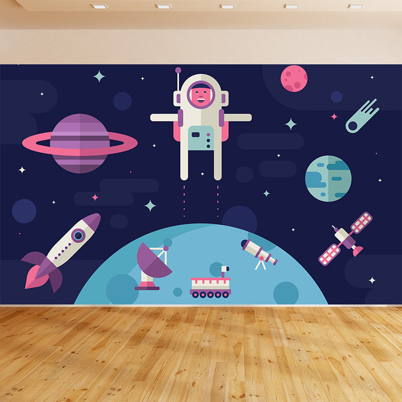 Dark Color Spacecraft Mural Wallpaper Universe Kids Moisture Resistant Wall Covering Blue Clearhalo 'Wall Decor' 'Wall Mural' 1896818
