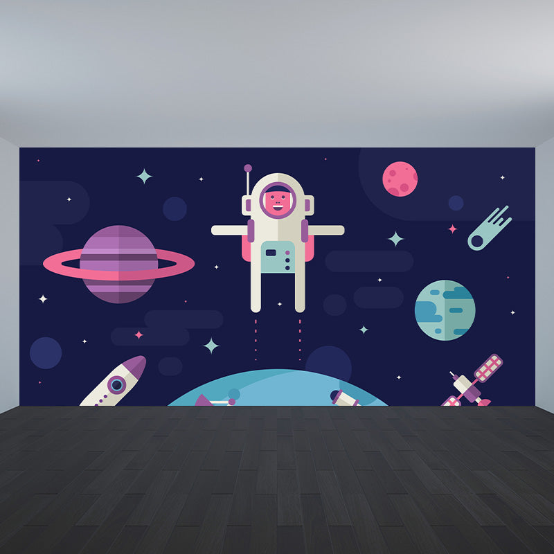 Dark Color Spacecraft Mural Wallpaper Universe Kids Moisture Resistant Wall Covering Clearhalo 'Wall Decor' 'Wall Mural' 1896819