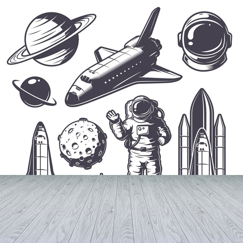 Kids Cosmos Spaceship Wall Mural Soft Color Waterproofing Wall Art for Boys Room Grey Clearhalo 'Wall Decor' 'Wall Mural' 1896833