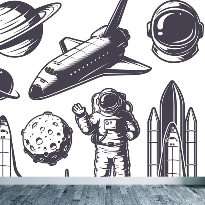 Kids Cosmos Spaceship Wall Mural Soft Color Waterproofing Wall Art for Boys Room Clearhalo 'Wall Decor' 'Wall Mural' 1896835