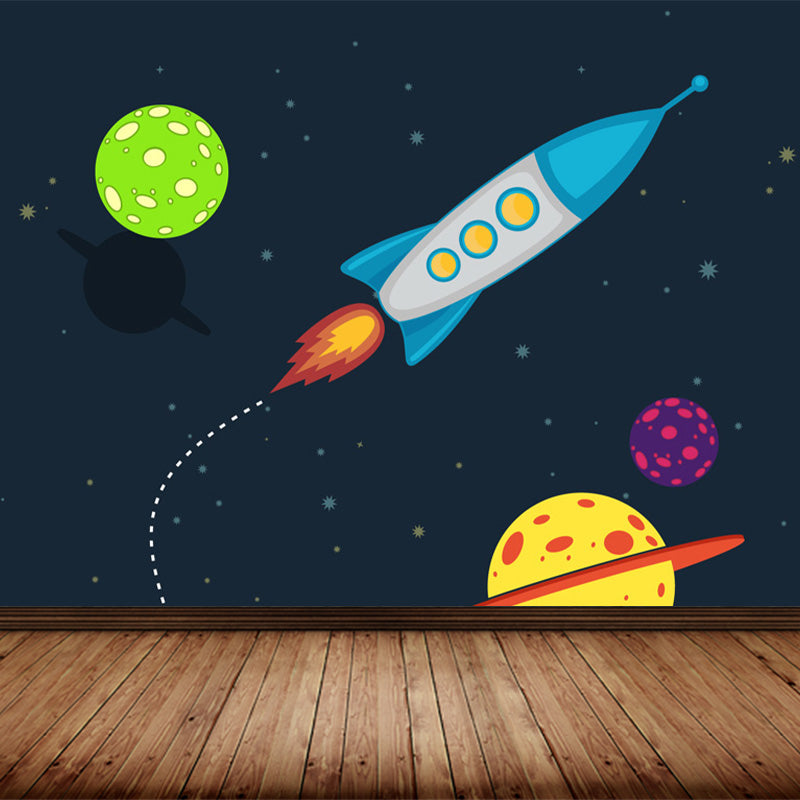 Kids Cosmos Spaceship Wall Mural Soft Color Waterproofing Wall Art for Boys Room Black Clearhalo 'Wall Decor' 'Wall Mural' 1896843