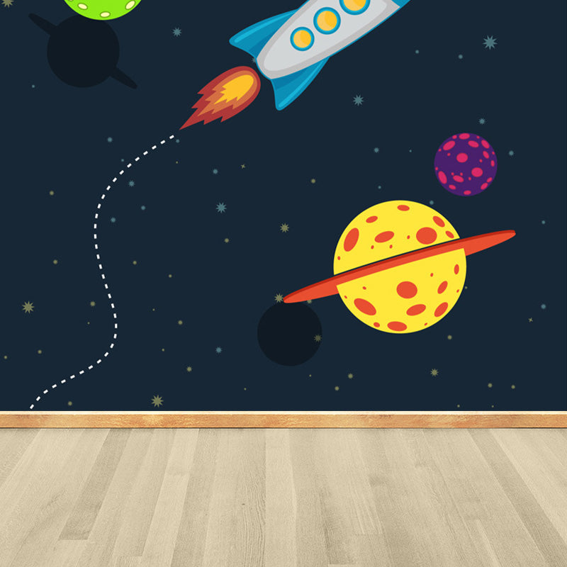 Kids Cosmos Spaceship Wall Mural Soft Color Waterproofing Wall Art for Boys Room Clearhalo 'Wall Decor' 'Wall Mural' 1896844