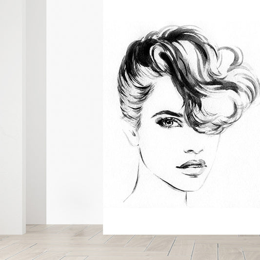 Fashion Girl Portrait Wallpaper Mural Contemporary Smooth Wall Decor in Pastel Color Clearhalo 'Wall Decor' 'Wall Mural' 1896864