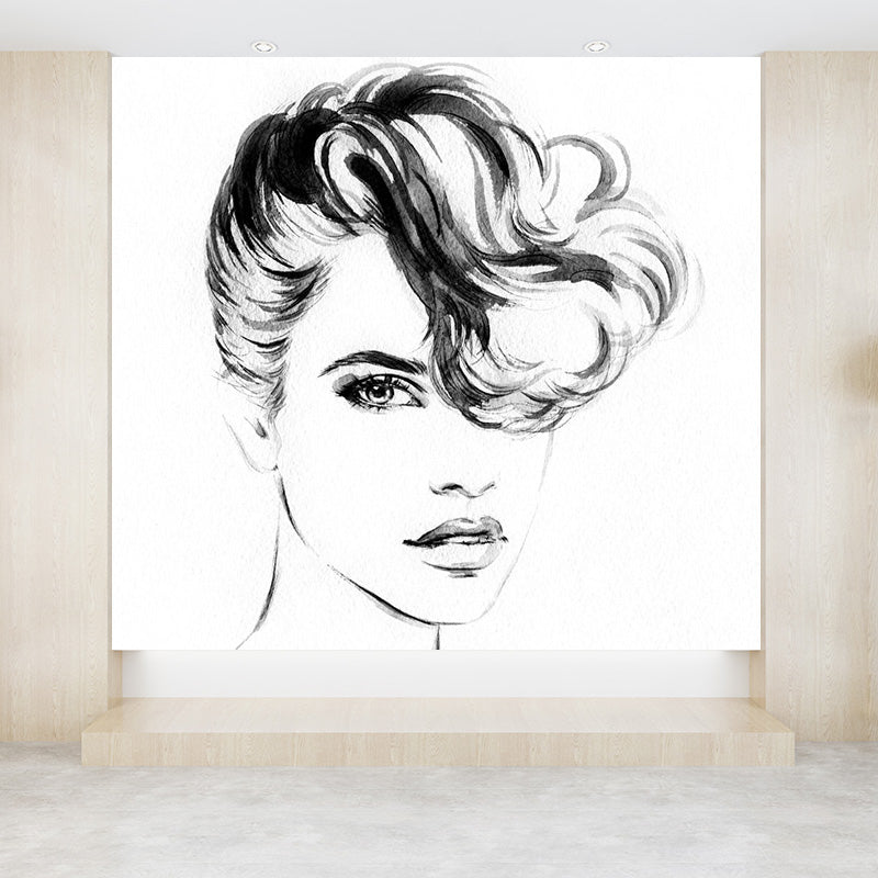 Fashion Girl Portrait Wallpaper Mural Contemporary Smooth Wall Decor in Pastel Color Clearhalo 'Wall Decor' 'Wall Mural' 1896865
