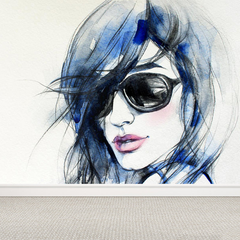 Fashion Girl Portrait Wallpaper Mural Contemporary Smooth Wall Decor in Pastel Color Clearhalo 'Wall Decor' 'Wall Mural' 1896870