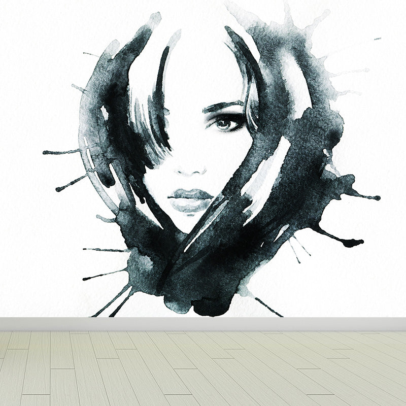 Fashion Girl Portrait Wallpaper Mural Contemporary Smooth Wall Decor in Pastel Color Black Clearhalo 'Wall Decor' 'Wall Mural' 1896873