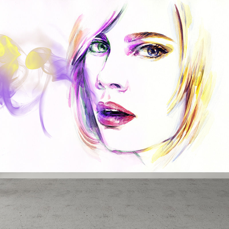 Fashion Girl Portrait Wallpaper Mural Contemporary Smooth Wall Decor in Pastel Color Yellow Clearhalo 'Wall Decor' 'Wall Mural' 1896878