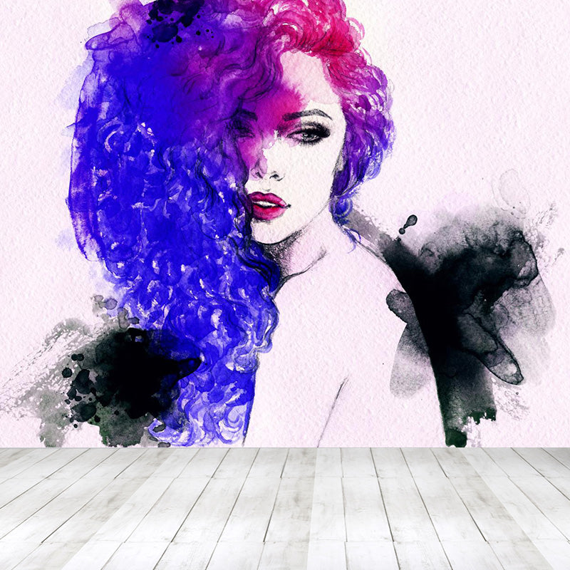 Illustration Woman Model Wall Mural Decal for Girls Bedroom, Light Color, Custom Made Clearhalo 'Wall Decor' 'Wall Mural' 1896900