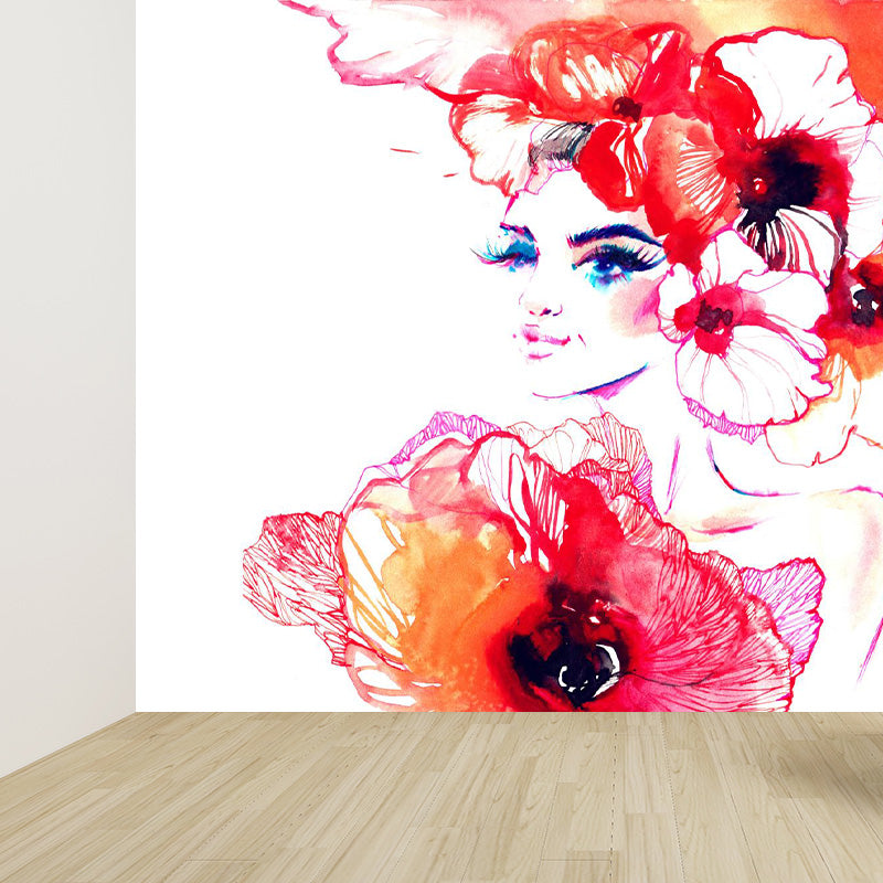 Glam Girl Drawing Mural Non-Woven Stained Resistant Pastel Wall Covering for Room Red Clearhalo 'Wall Decor' 'Wall Mural' 1896913