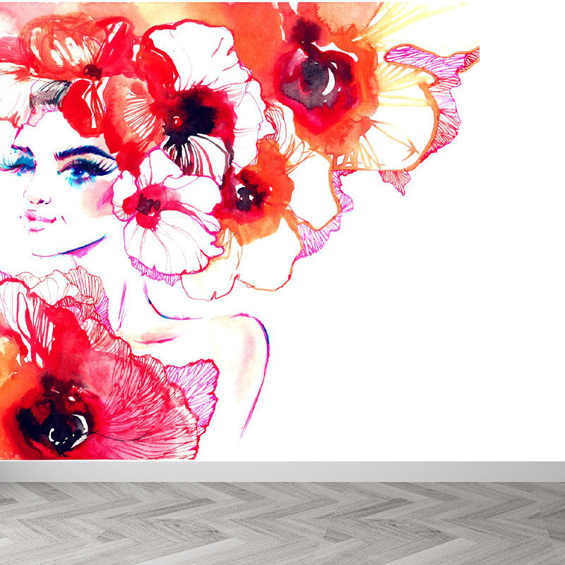 Glam Girl Drawing Mural Non-Woven Stained Resistant Pastel Wall Covering for Room Clearhalo 'Wall Decor' 'Wall Mural' 1896914