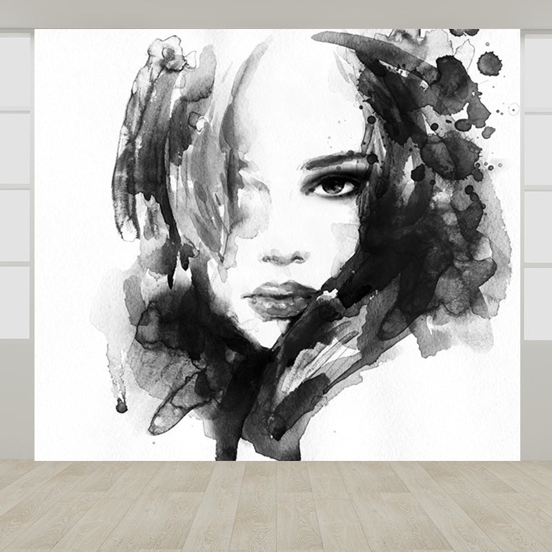 Glam Girl Drawing Mural Non-Woven Stained Resistant Pastel Wall Covering for Room Black Clearhalo 'Wall Decor' 'Wall Mural' 1896918