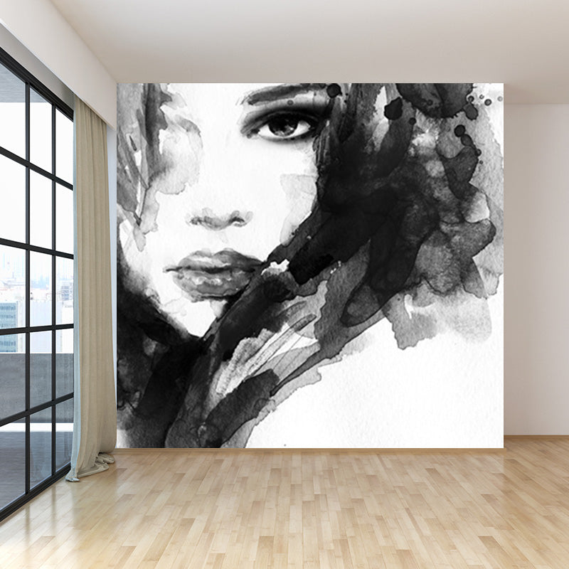 Glam Girl Drawing Mural Non-Woven Stained Resistant Pastel Wall Covering for Room Clearhalo 'Wall Decor' 'Wall Mural' 1896920