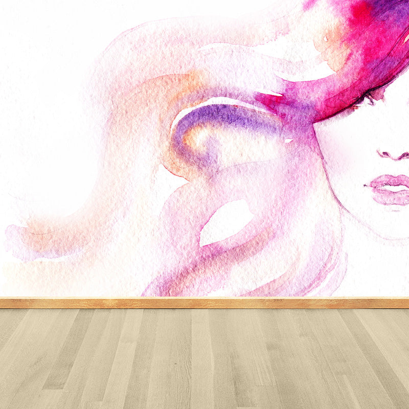 Glam Girl Drawing Mural Non-Woven Stained Resistant Pastel Wall Covering for Room Clearhalo 'Wall Decor' 'Wall Mural' 1896929