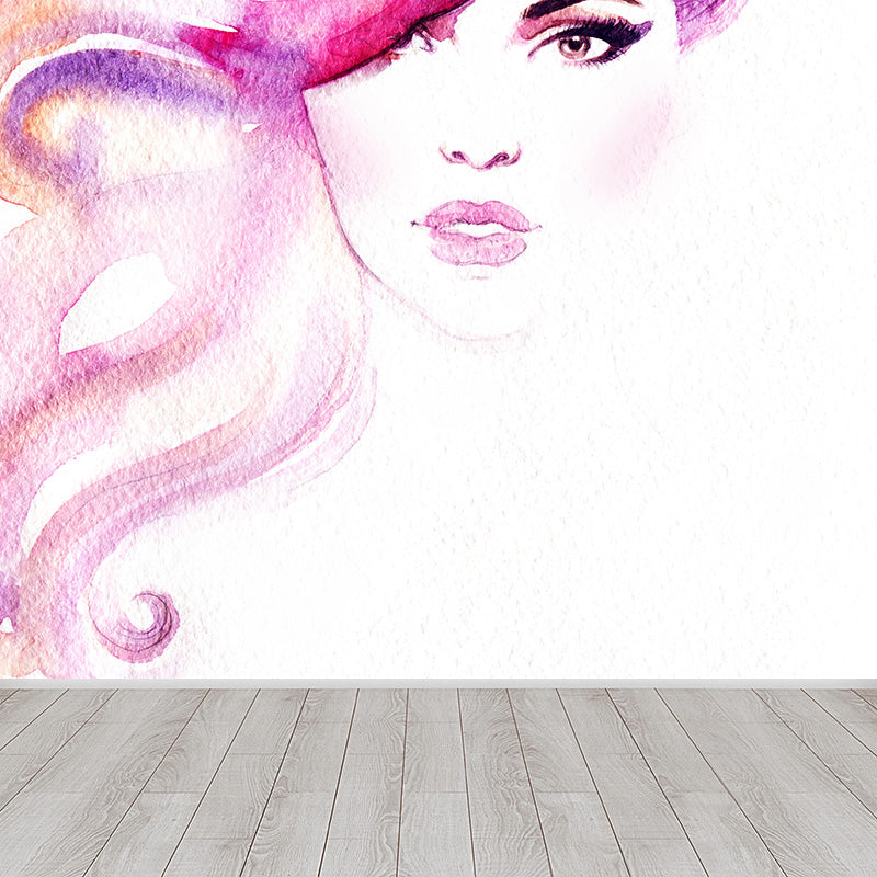 Glam Girl Drawing Mural Non-Woven Stained Resistant Pastel Wall Covering for Room Clearhalo 'Wall Decor' 'Wall Mural' 1896930