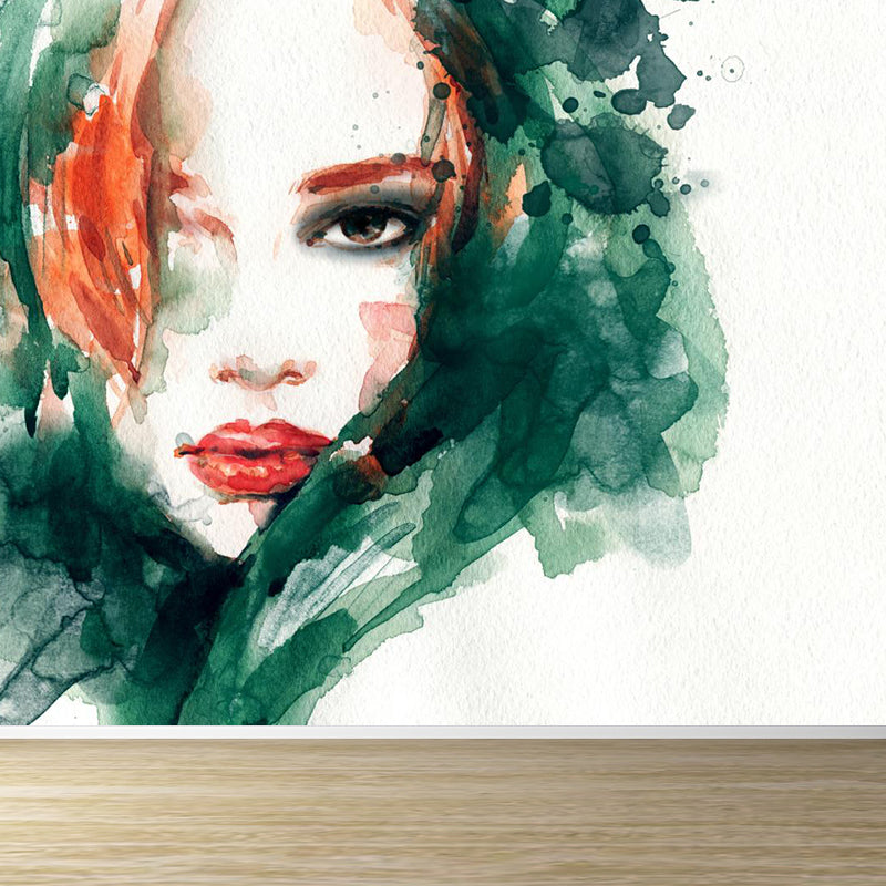 Glam Watercolor Woman Portrait Mural Soft Color Water-Proof Wall Decor for Bedroom Clearhalo 'Wall Decor' 'Wall Mural' 1896960