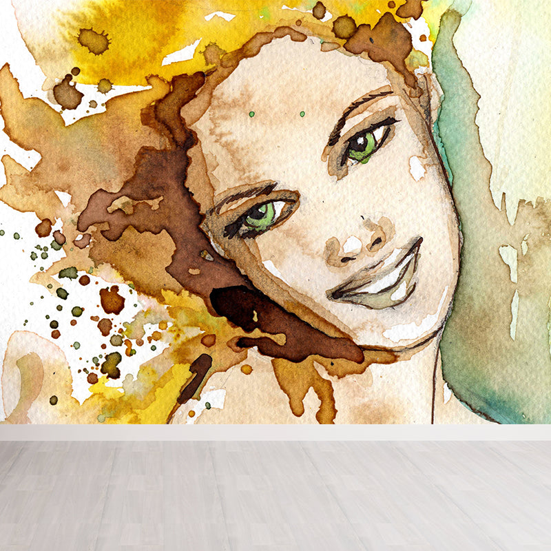 Glam Watercolor Woman Portrait Mural Soft Color Water-Proof Wall Decor for Bedroom Brown Clearhalo 'Wall Decor' 'Wall Mural' 1896968