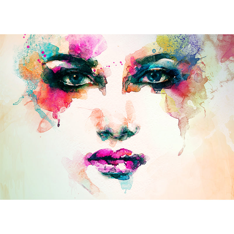 Glam Watercolor Woman Portrait Mural Soft Color Water-Proof Wall Decor for Bedroom Clearhalo 'Wall Decor' 'Wall Mural' 1896976