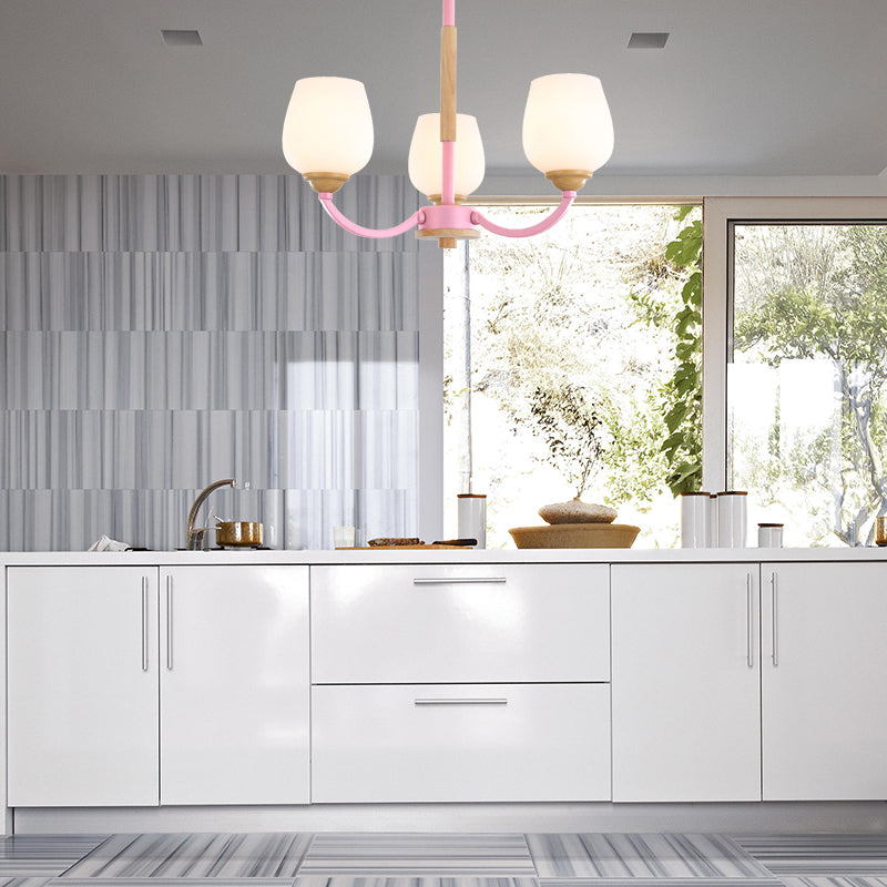 Macaron Loft Bud Shade Chandelier Light Milk Glass Pendant Light in Green/Grey/Pink/White for Child Bedroom 3 Pink Clearhalo 'Ceiling Lights' 'Chandeliers' 'Glass shade' 'Glass' 'Modern Chandeliers' 'Modern' Lighting' 189698