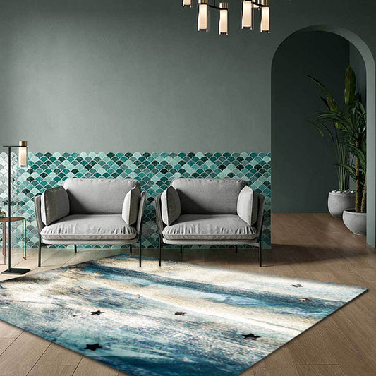 Minimalist Abstract Star Pattern Rug Blue Polyester Carpet Anti-Slip Pet Friendly Washable Indoor Rug for Decoration