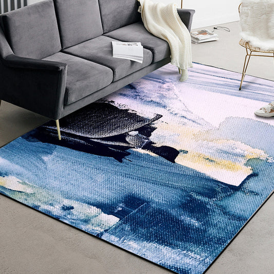 Blue Living Room Rug Modernism Brushstroke Pattern Rug Polyester Machine Washable Non-Slip Backing Carpet Ocean Blue