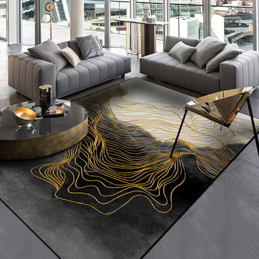 Modern Swirl Striped Pattern Rug Black Polyester Area Carpet Anti-Slip Pet Friendly Washable Rug for Sitting Room
