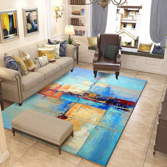 Green and Blue Industrial Rug Polyester Abstract Rug Pet Friendly Washable Non-Slip Carpet for Bedroom Sky Blue
