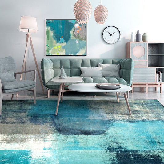 Simplicity Parlour Rug Brushstroke Pattern Rug Polyester Machine Washable Non-Slip Backing Pet Friendly Area Rug Blue