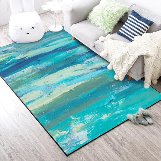Multi-Colored Industrial Rug Polyester Watercolor Pattern Rug Pet Friendly Washable Non-Slip Carpet for Bedroom Blue
