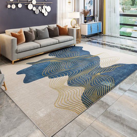 Industrial Rug Polyester Watercolor and Swirl Striped Pattern Rug Pet Friendly Washable Non-Slip Area Carpet for Bedroom Blue