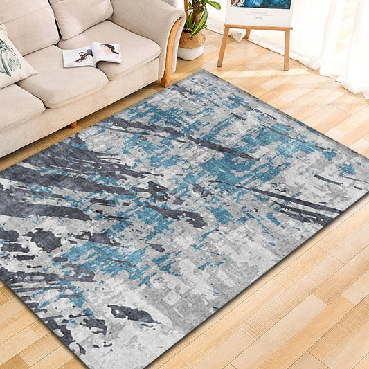 Modern Parlour Rug Blue Abstract Rug Polyester Machine Washable Non-Slip Backing Pet Friendly Indoor Rug