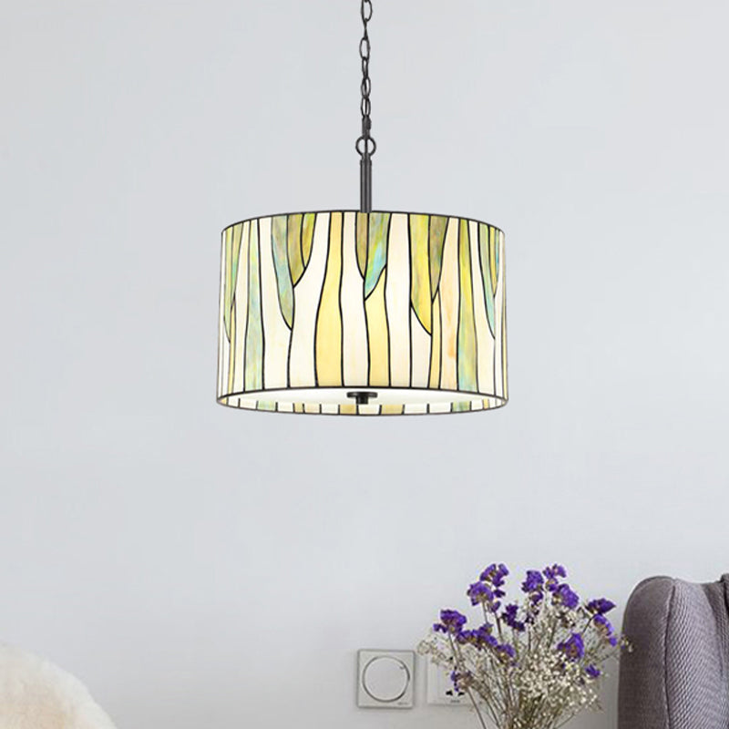 Tiffany Style Drum Down Lighting 1 Light Handcrafted Art Glass Suspension Lamp in Yellow for Living Room Yellow Clearhalo 'Ceiling Lights' 'Industrial' 'Middle Century Pendants' 'Pendant Lights' 'Pendants' 'Tiffany close to ceiling' 'Tiffany Pendants' 'Tiffany' Lighting' 189814