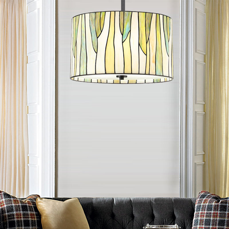 Tiffany Style Drum Down Lighting 1 Light Handcrafted Art Glass Suspension Lamp in Yellow for Living Room Clearhalo 'Ceiling Lights' 'Industrial' 'Middle Century Pendants' 'Pendant Lights' 'Pendants' 'Tiffany close to ceiling' 'Tiffany Pendants' 'Tiffany' Lighting' 189815
