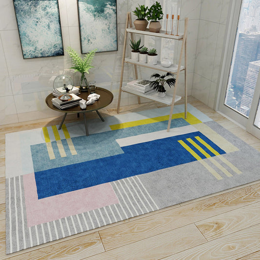 Multicolored Modern Rug Polyester Geometrical Colorblock Rug Anti-Slip Machine Washable Carpet for Home Blue