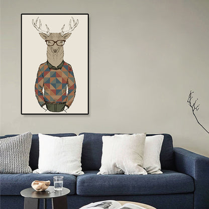Gentleman Mr Deer Wall Art Kids Cool Animal Canvas Print in Pastel Color for Bedroom Light Brown Clearhalo 'Art Gallery' 'Canvas Art' 'Kids' Arts' 1898910
