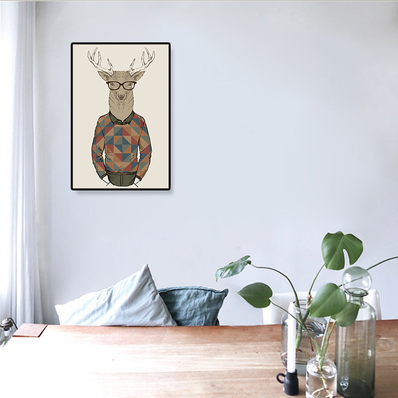 Gentleman Mr Deer Wall Art Kids Cool Animal Canvas Print in Pastel Color for Bedroom Clearhalo 'Art Gallery' 'Canvas Art' 'Kids' Arts' 1898911