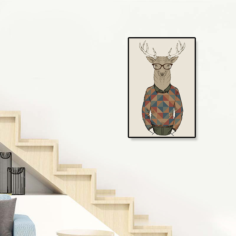 Gentleman Mr Deer Wall Art Kids Cool Animal Canvas Print in Pastel Color for Bedroom Clearhalo 'Art Gallery' 'Canvas Art' 'Kids' Arts' 1898912