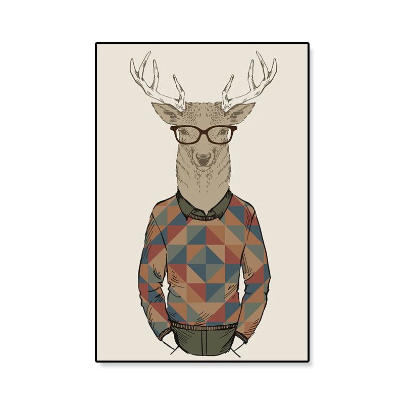 Gentleman Mr Deer Wall Art Kids Cool Animal Canvas Print in Pastel Color for Bedroom Clearhalo 'Art Gallery' 'Canvas Art' 'Kids' Arts' 1898913
