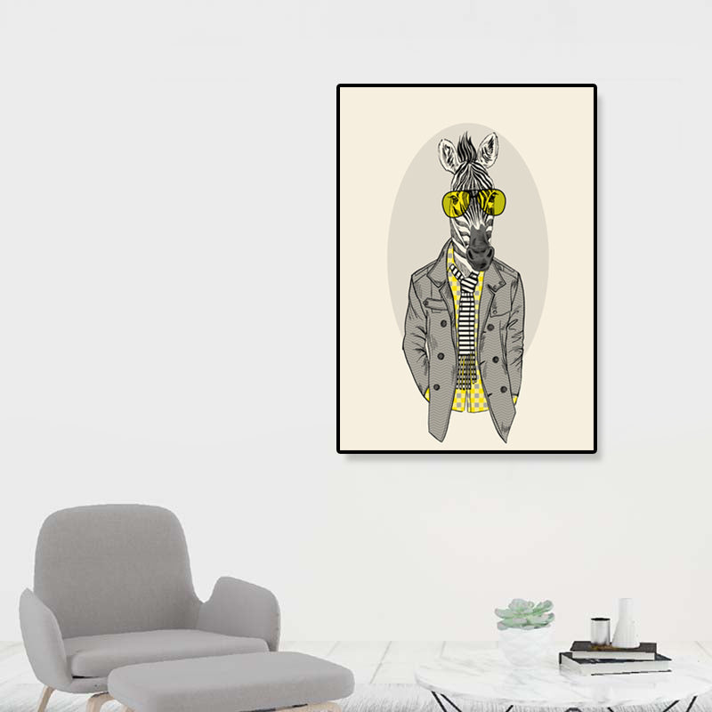 Gentleman Mr Deer Wall Art Kids Cool Animal Canvas Print in Pastel Color for Bedroom Grey Clearhalo 'Art Gallery' 'Canvas Art' 'Kids' Arts' 1898917