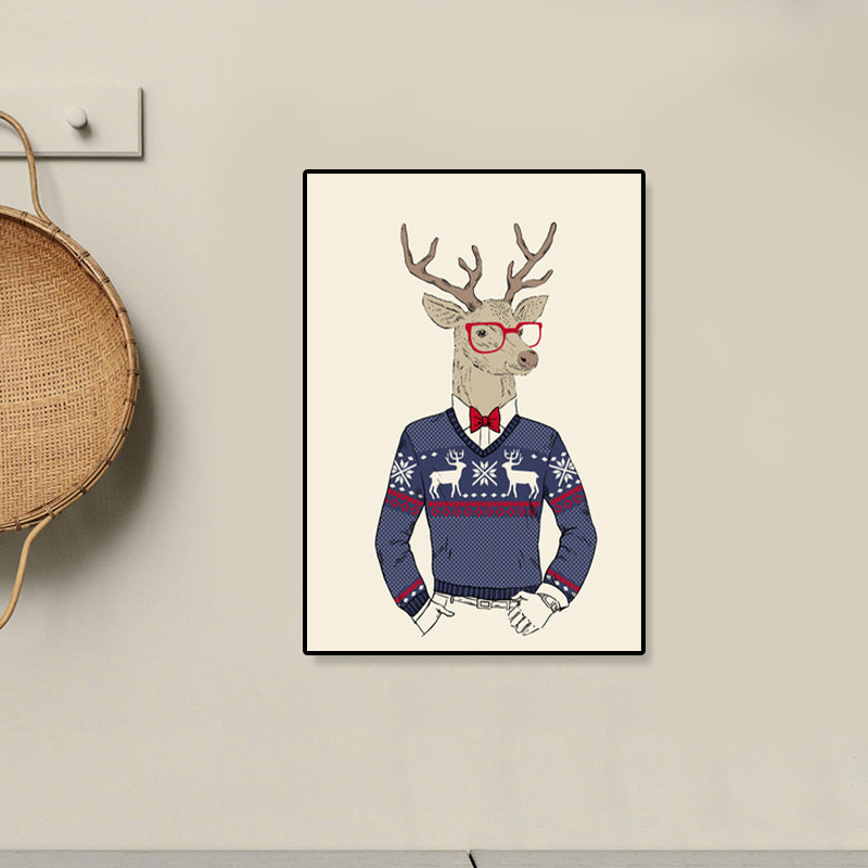 Gentleman Mr Deer Wall Art Kids Cool Animal Canvas Print in Pastel Color for Bedroom Blue Clearhalo 'Art Gallery' 'Canvas Art' 'Kids' Arts' 1898921