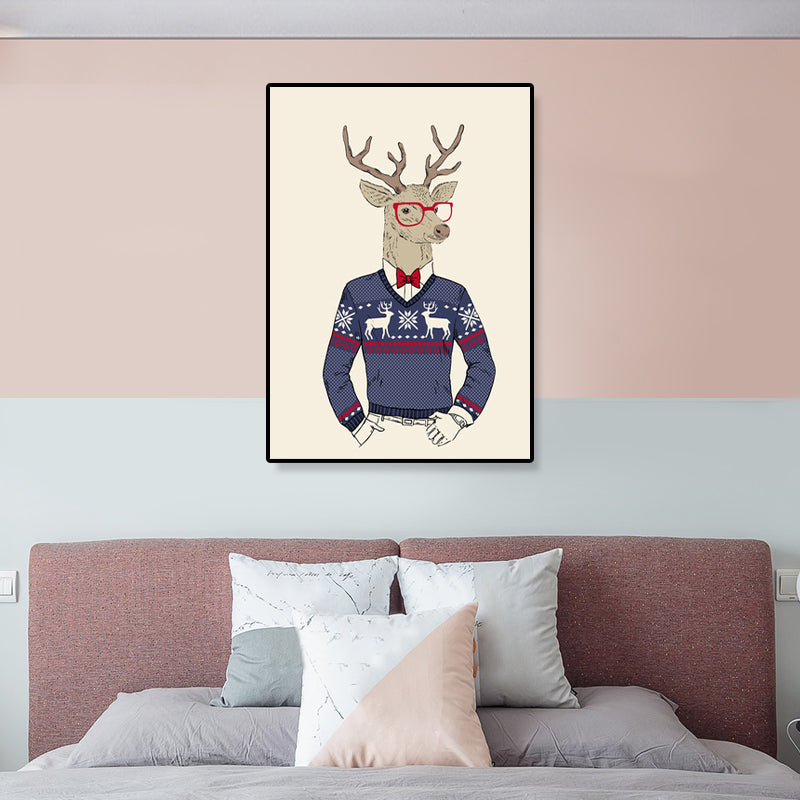 Gentleman Mr Deer Wall Art Kids Cool Animal Canvas Print in Pastel Color for Bedroom Clearhalo 'Art Gallery' 'Canvas Art' 'Kids' Arts' 1898922