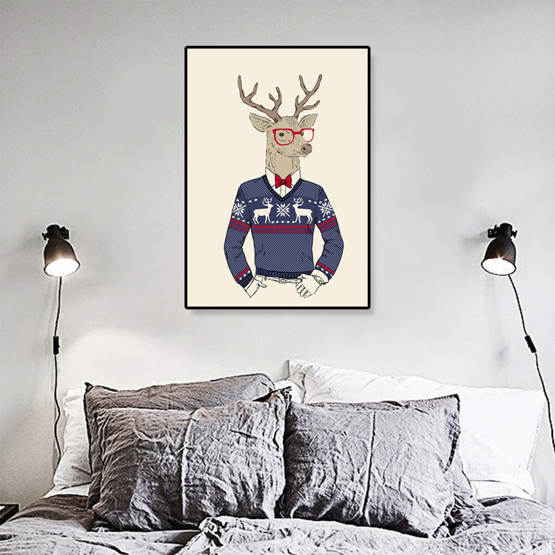 Gentleman Mr Deer Wall Art Kids Cool Animal Canvas Print in Pastel Color for Bedroom Clearhalo 'Art Gallery' 'Canvas Art' 'Kids' Arts' 1898923