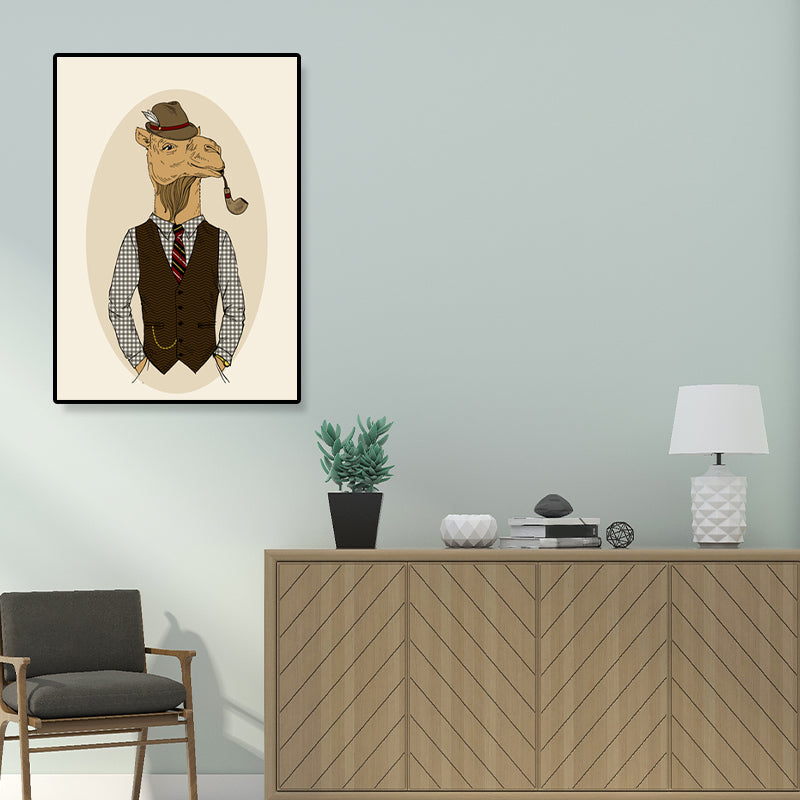 Gentleman Mr Deer Wall Art Kids Cool Animal Canvas Print in Pastel Color for Bedroom Brown Clearhalo 'Art Gallery' 'Canvas Art' 'Kids' Arts' 1898925