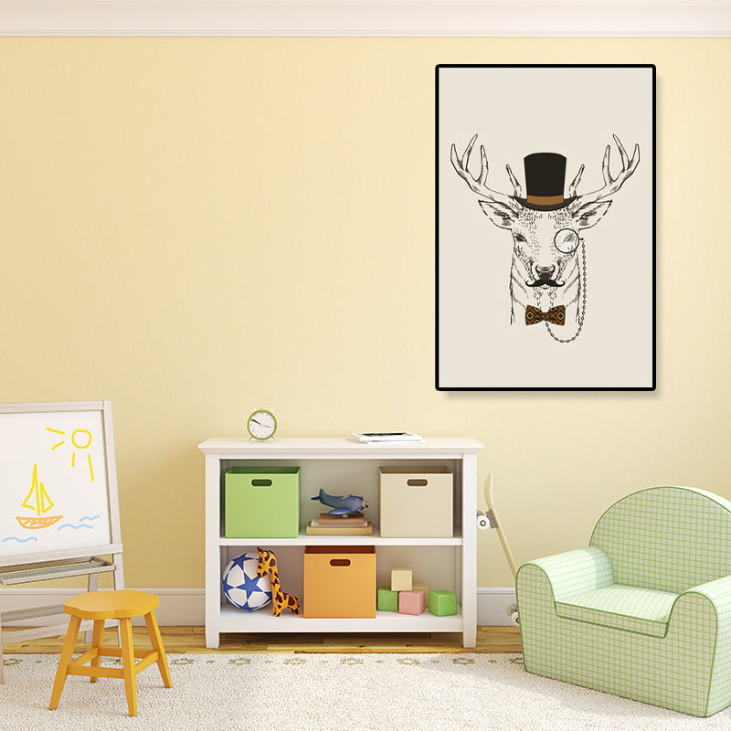Gentleman Mr Deer Wall Art Kids Cool Animal Canvas Print in Pastel Color for Bedroom White Clearhalo 'Art Gallery' 'Canvas Art' 'Kids' Arts' 1898929