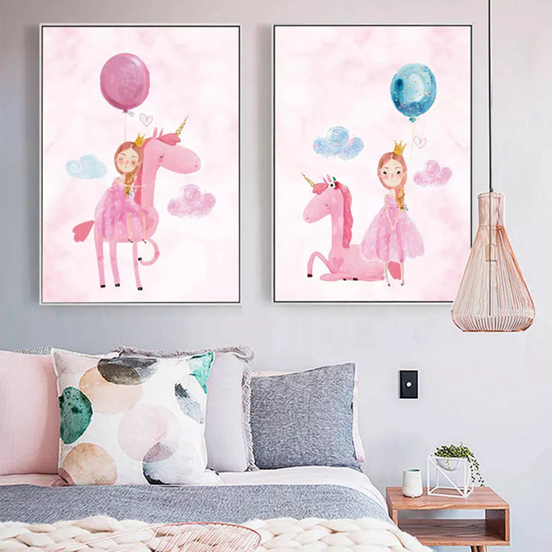 Cartoon Girls Canvas Wall Art with Unicorn Drawing Pastel Color Wall Decor for Bedroom Pink Clearhalo 'Art Gallery' 'Canvas Art' 'Kids' Arts' 1899094