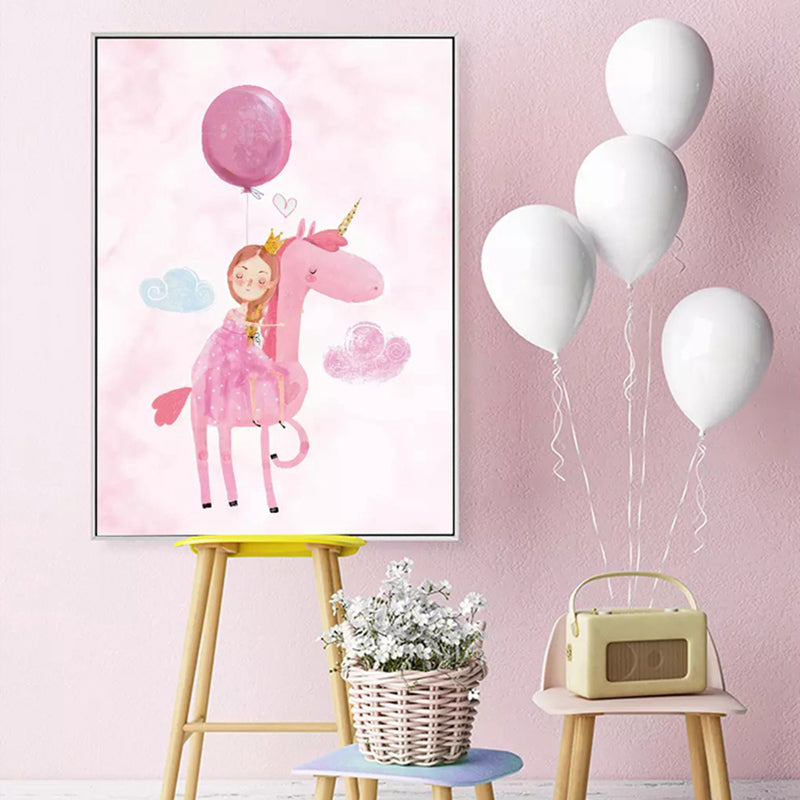 Cartoon Girls Canvas Wall Art with Unicorn Drawing Pastel Color Wall Decor for Bedroom Clearhalo 'Art Gallery' 'Canvas Art' 'Kids' Arts' 1899095