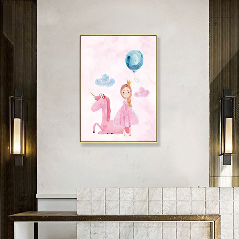 Cartoon Girls Canvas Wall Art with Unicorn Drawing Pastel Color Wall Decor for Bedroom Clearhalo 'Art Gallery' 'Canvas Art' 'Kids' Arts' 1899096